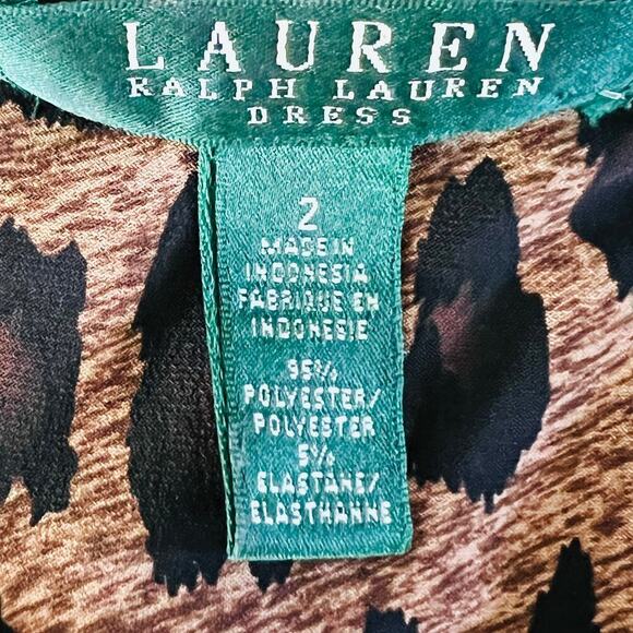 Lauren Ralph Lauren Animal Print Ruched V Neck Dress Brown Size 2 Cocktail Luxe - Picture 6 of 8